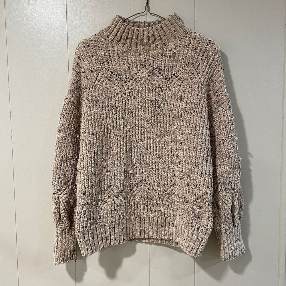 Calvin Klein Chunky Knit Mock Neck Sweater Tan Speckled Long Sleeve Size L